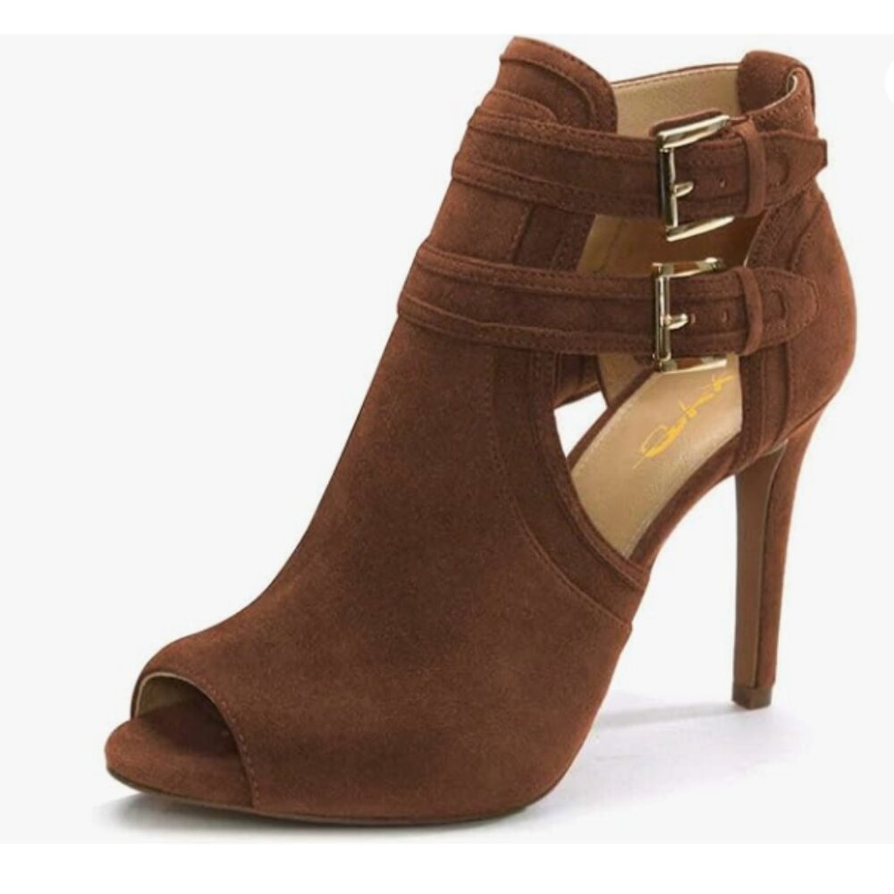 XYD Brown Suede Peep Toe High Heels Buckled Double Straps Cutout Ankle Bootie